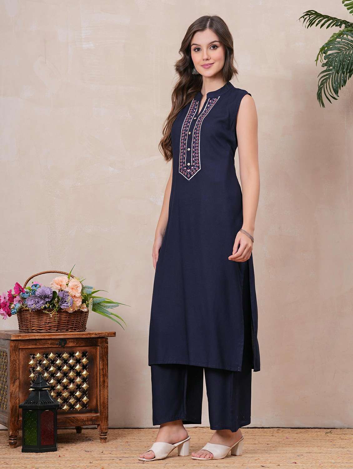 women embroidered sleeveless kurta palazzo set - 22146666 - Standard Image - 3