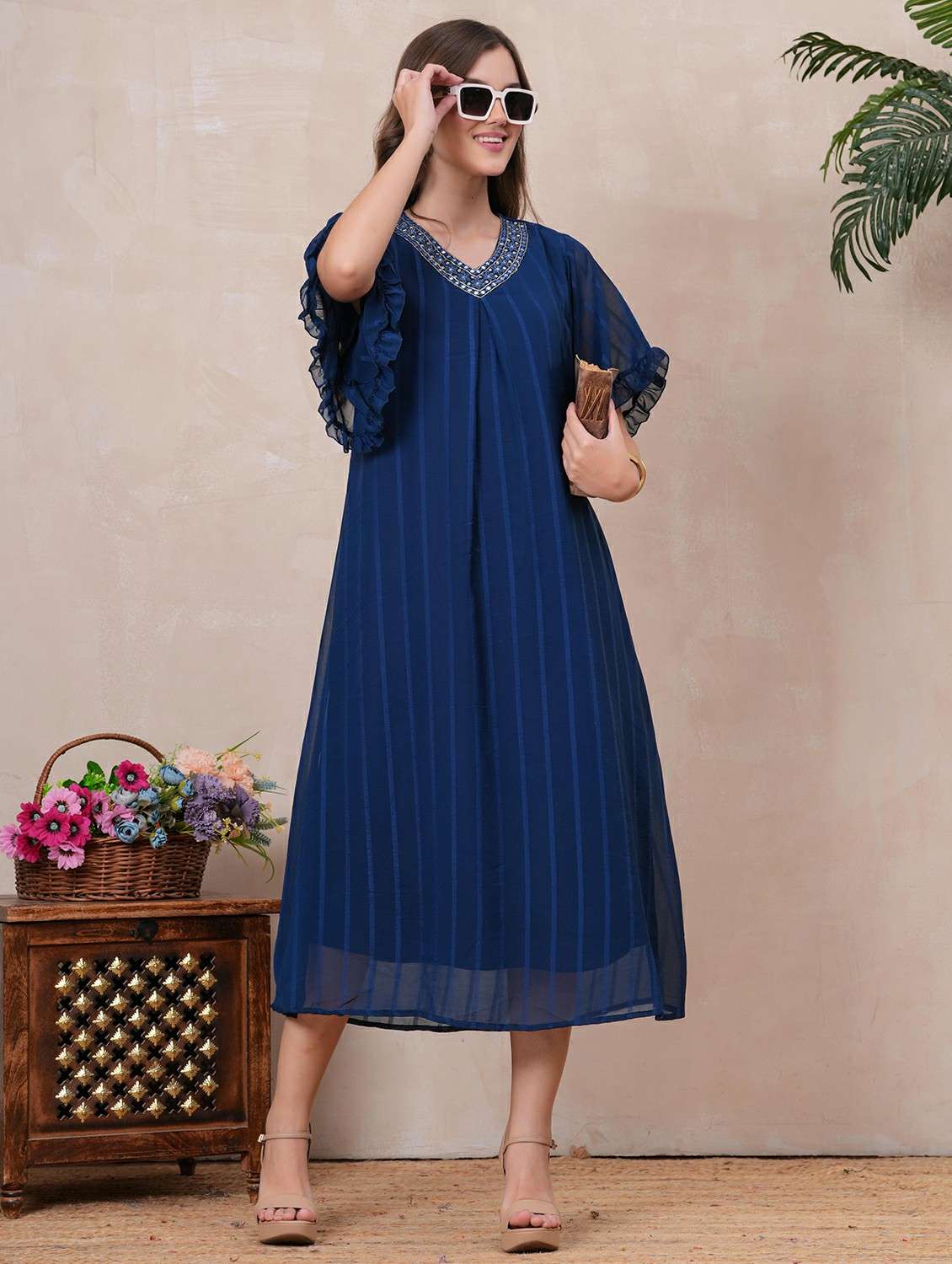 women striped v neck a-line ethnic dress