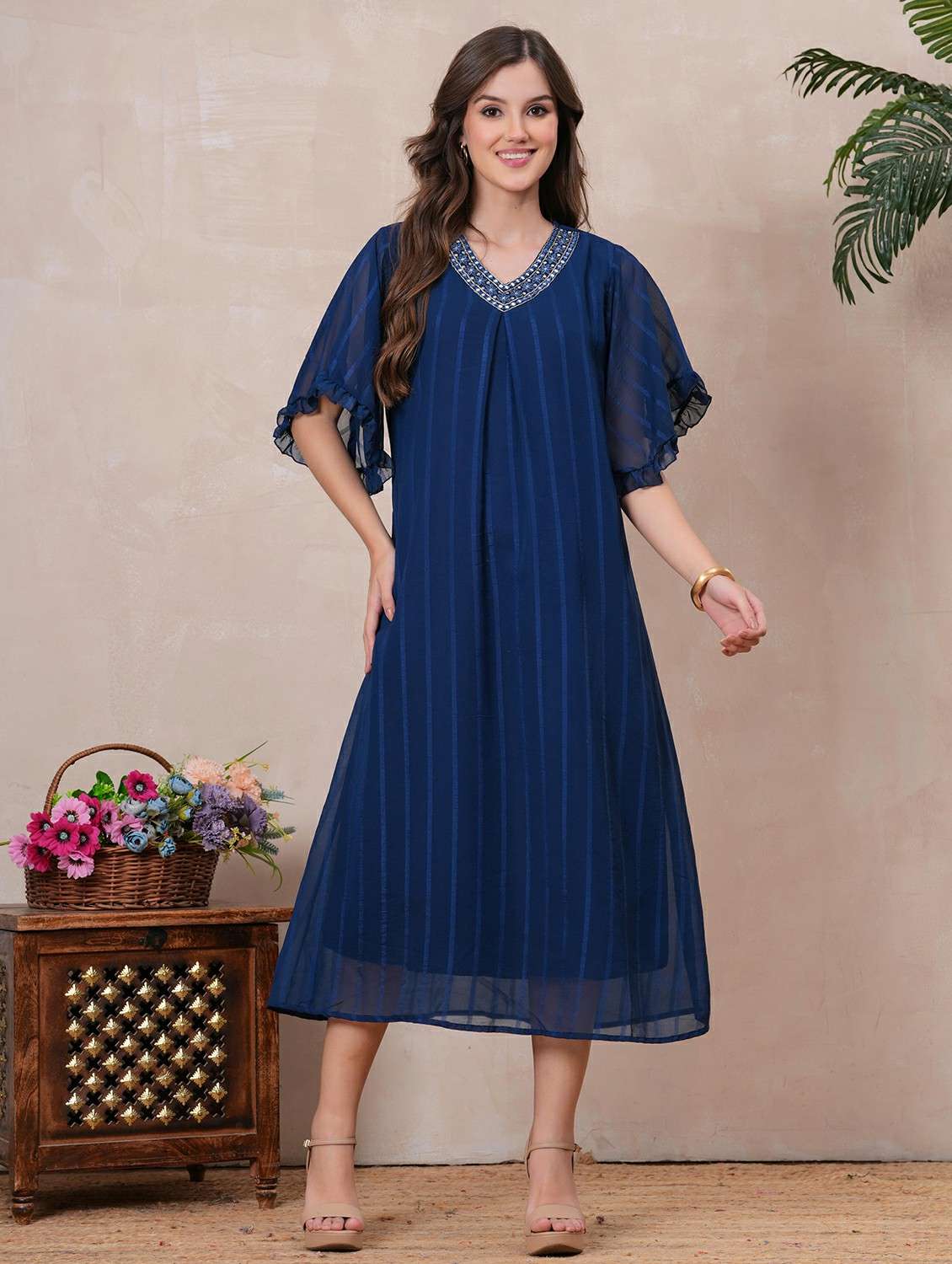 women striped v neck a-line ethnic dress - 22146668 -  Standard Image - 3