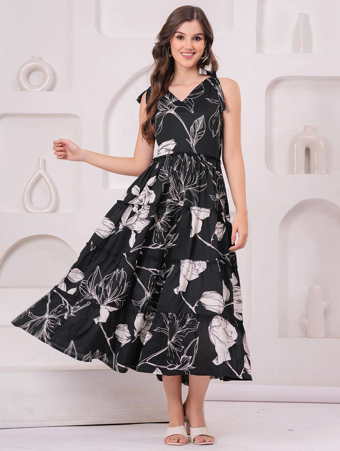 women floral printed shoulder strap tiered dress