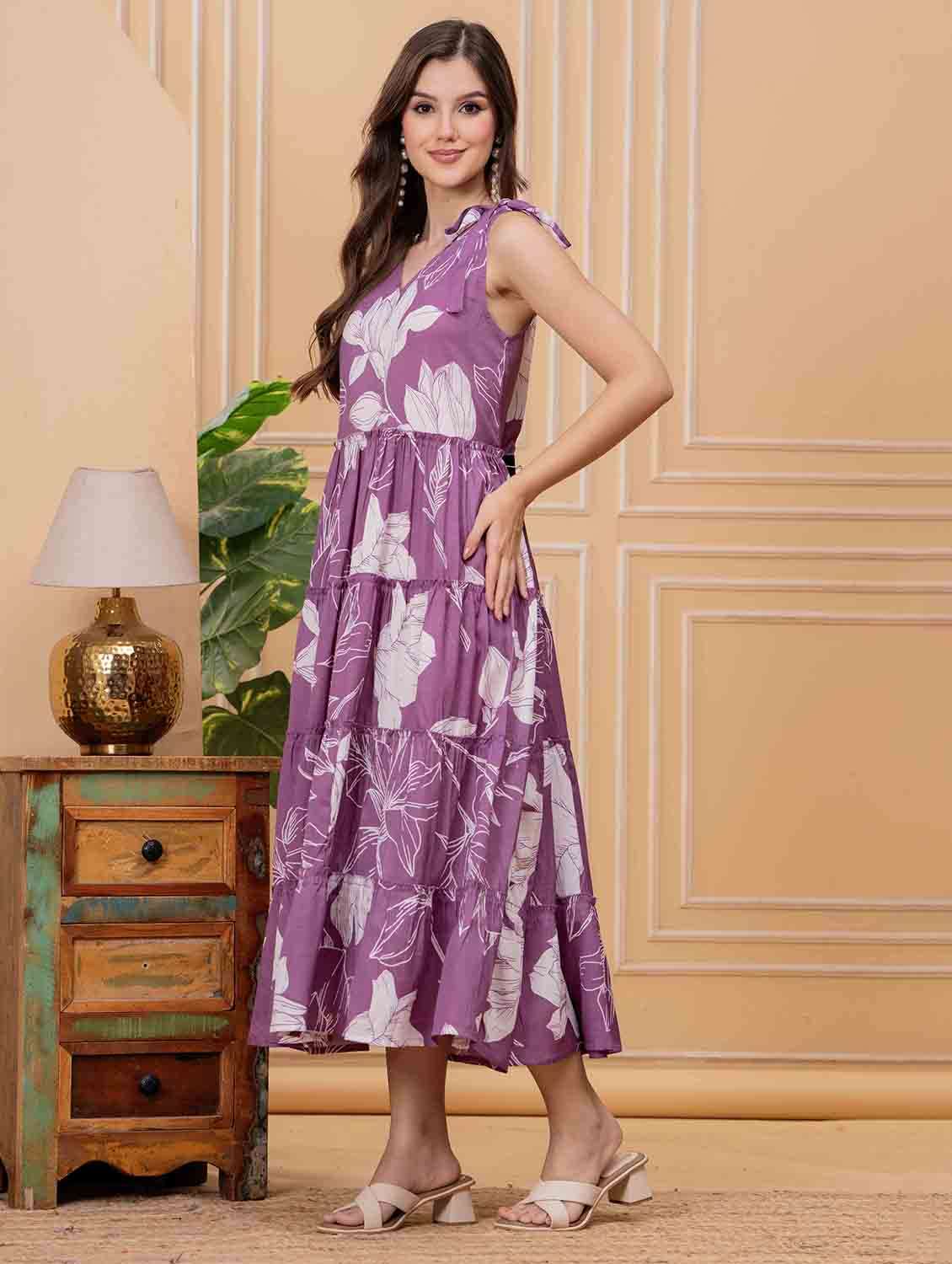 women floral printed shoulder strap tiered dress - 22146675 - Standard Image - 3