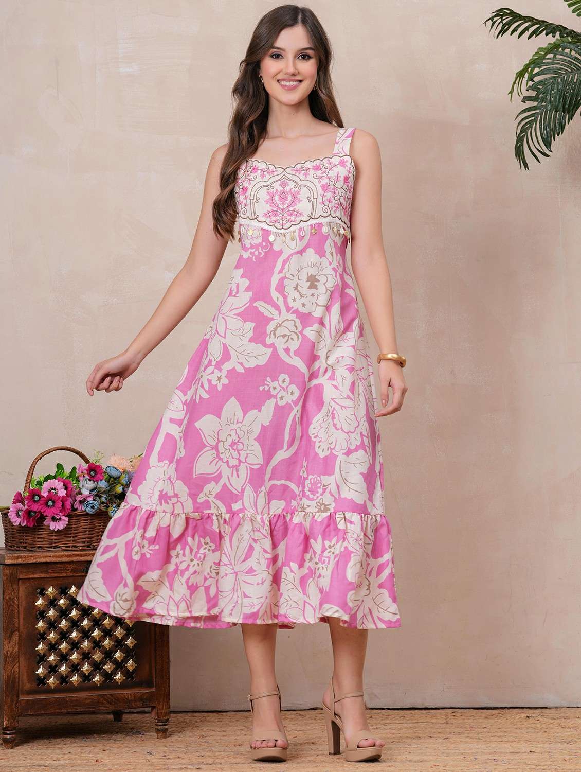 women floral sleeveless tiered ethnic dress