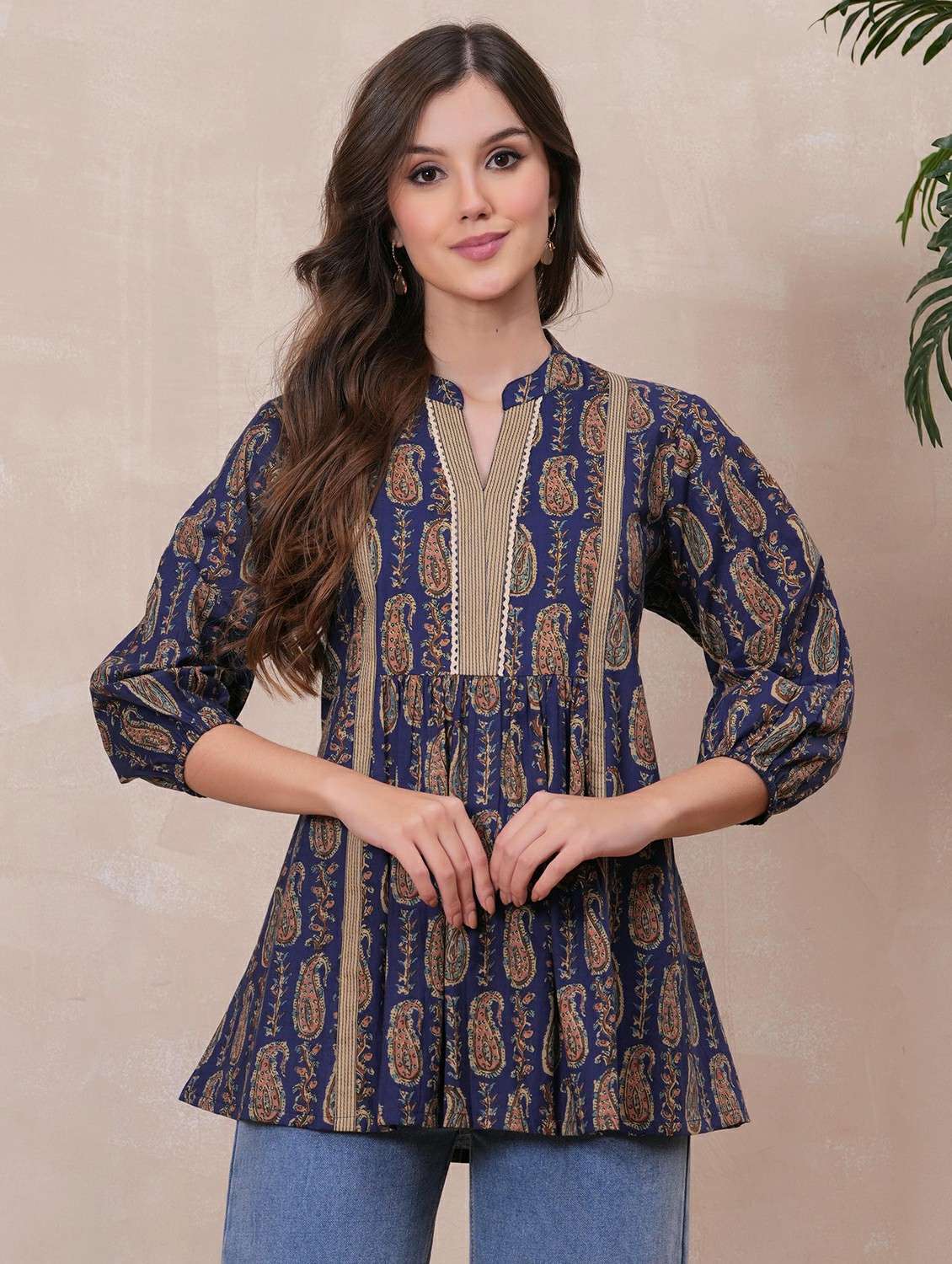 women paisley printed three quarter sleeve ethnic top