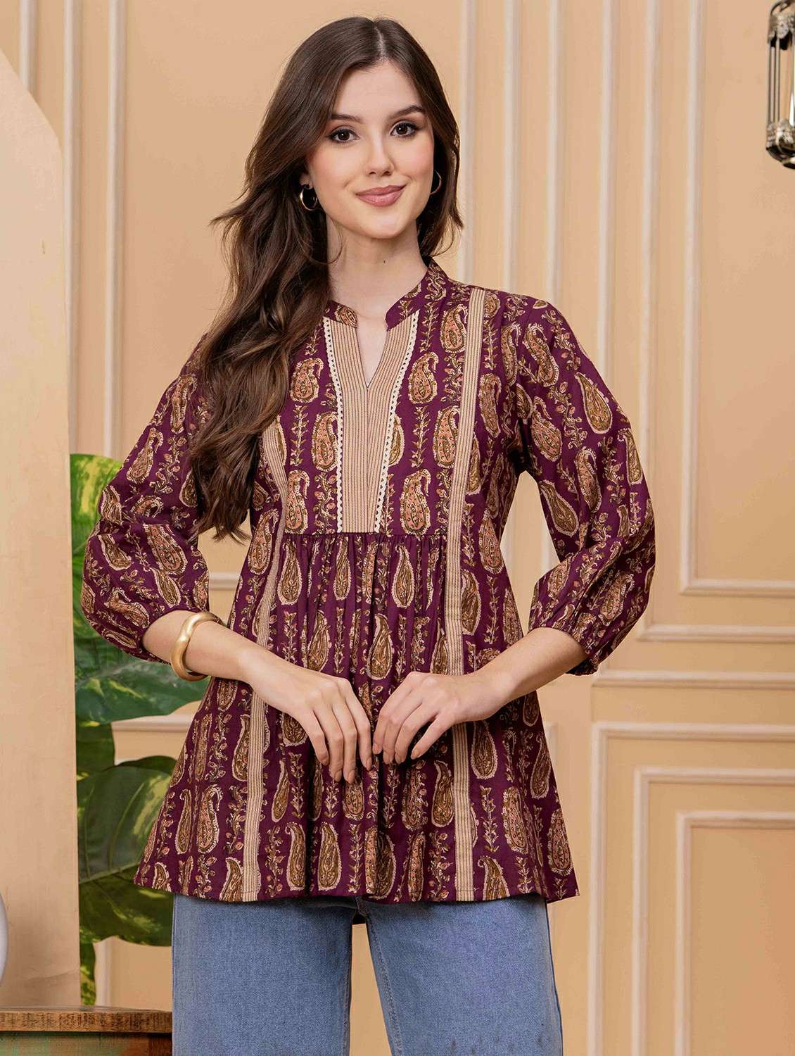women paisley printed three quarter sleeve ethnic top
