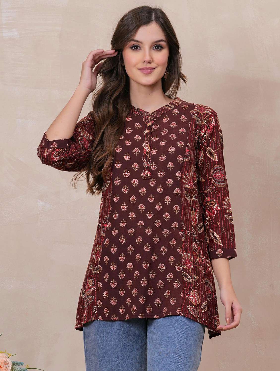 women floral printed three quarter sleeve ethnic top - 22146687 - Zoom Image - 0