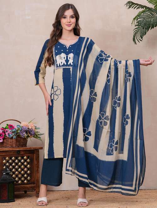 women printed three quarter sleeve kurta pant with dupatta set - 22146741 - Standard Image - 0