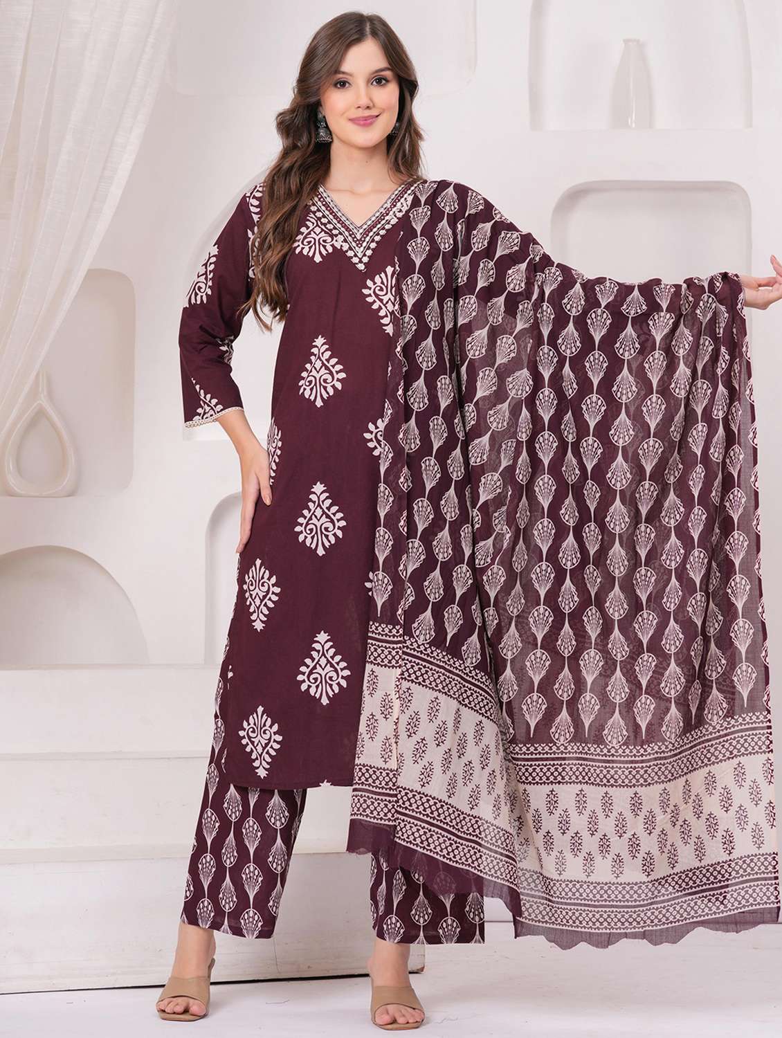 women printed three quarter sleeve kurta pant with dupatta set - 22146750 -  Zoom Image - 0