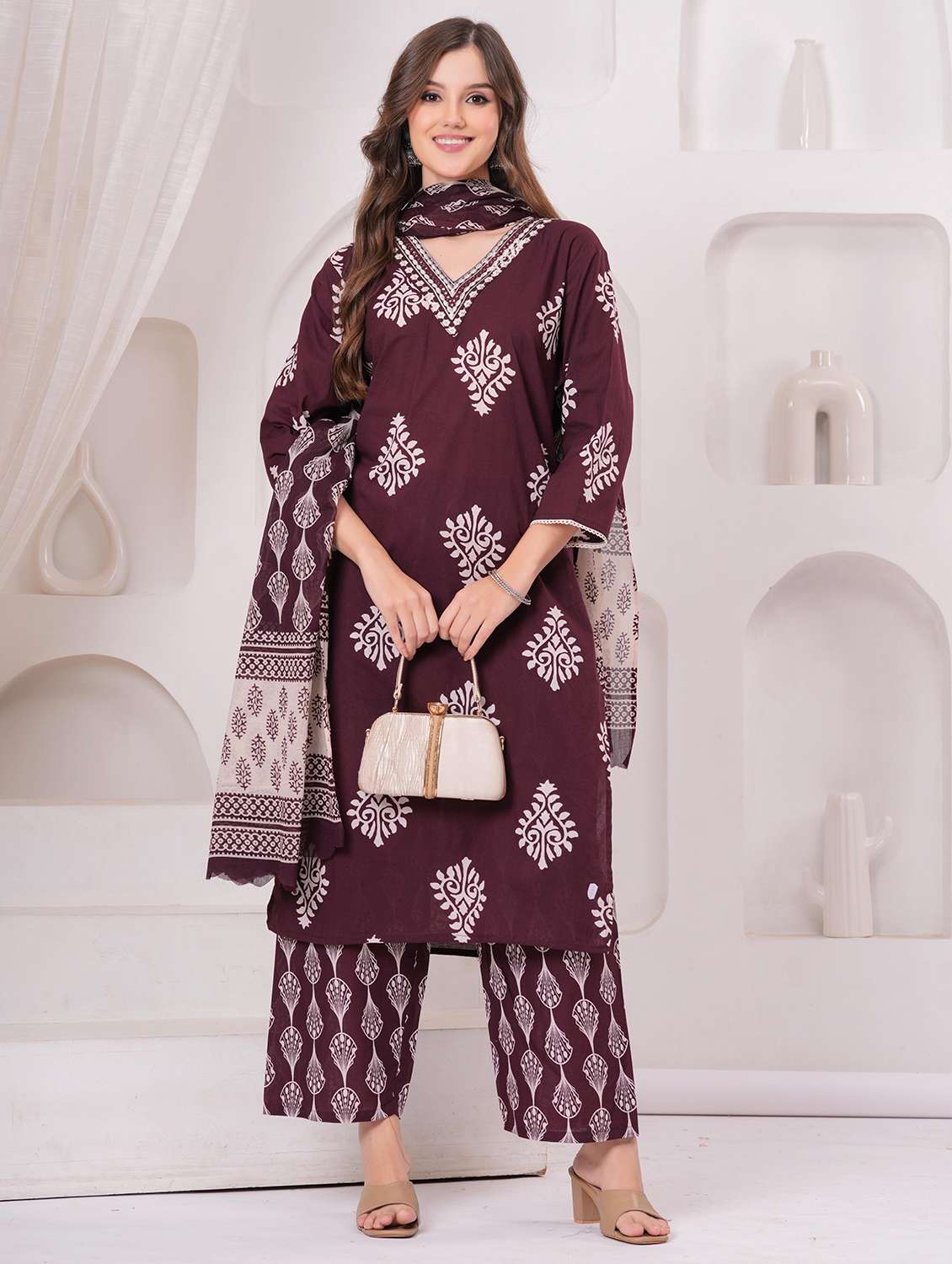 women printed three quarter sleeve kurta pant with dupatta set - 22146750 -  Standard Image - 3