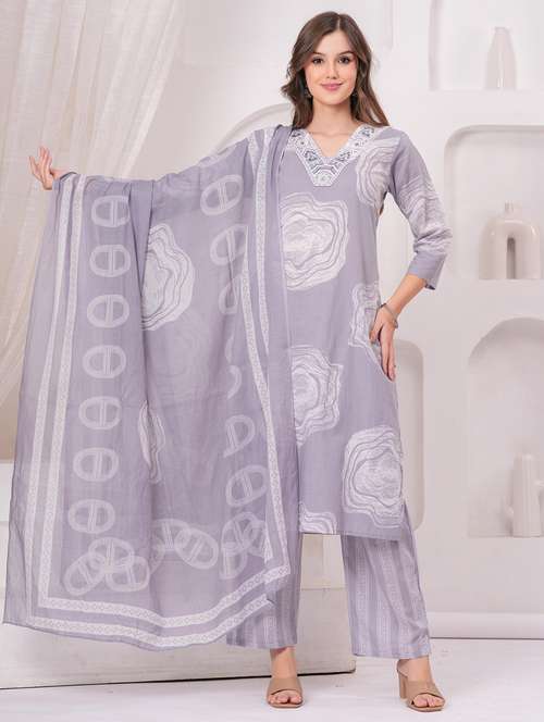 women printed three quarter sleeve kurta pant with dupatta set - 22146751 -  Standard Image - 0