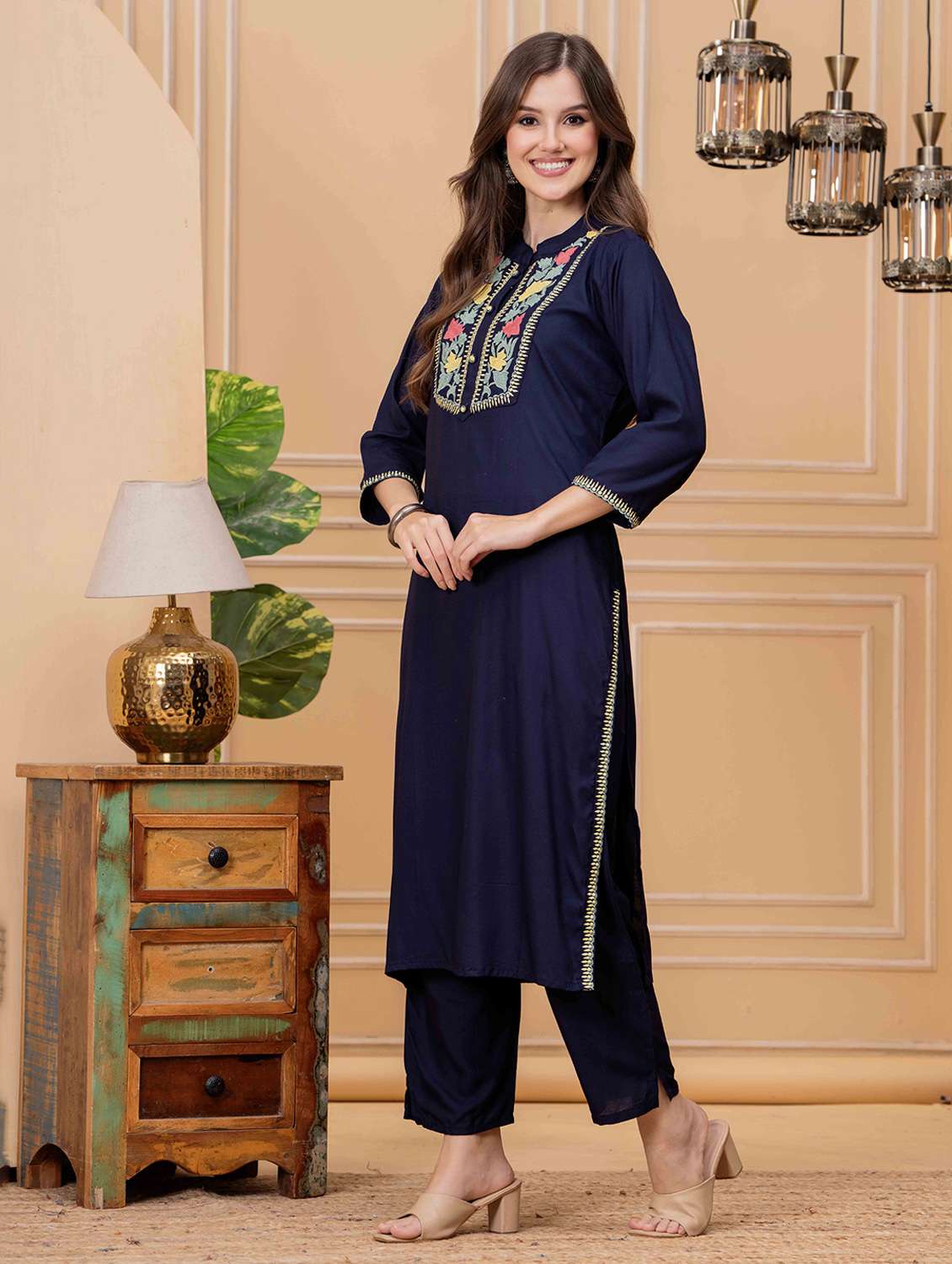 women embroidered three quarter sleeve kurta pant set - 22146752 -  Standard Image - 3