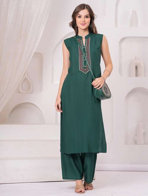 women embroidered sleeveless kurta palazzo set - 22146755 -  Standard Image - 0