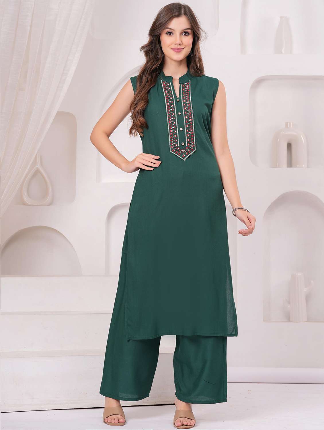women embroidered sleeveless kurta palazzo set - 22146755 -  Standard Image - 3