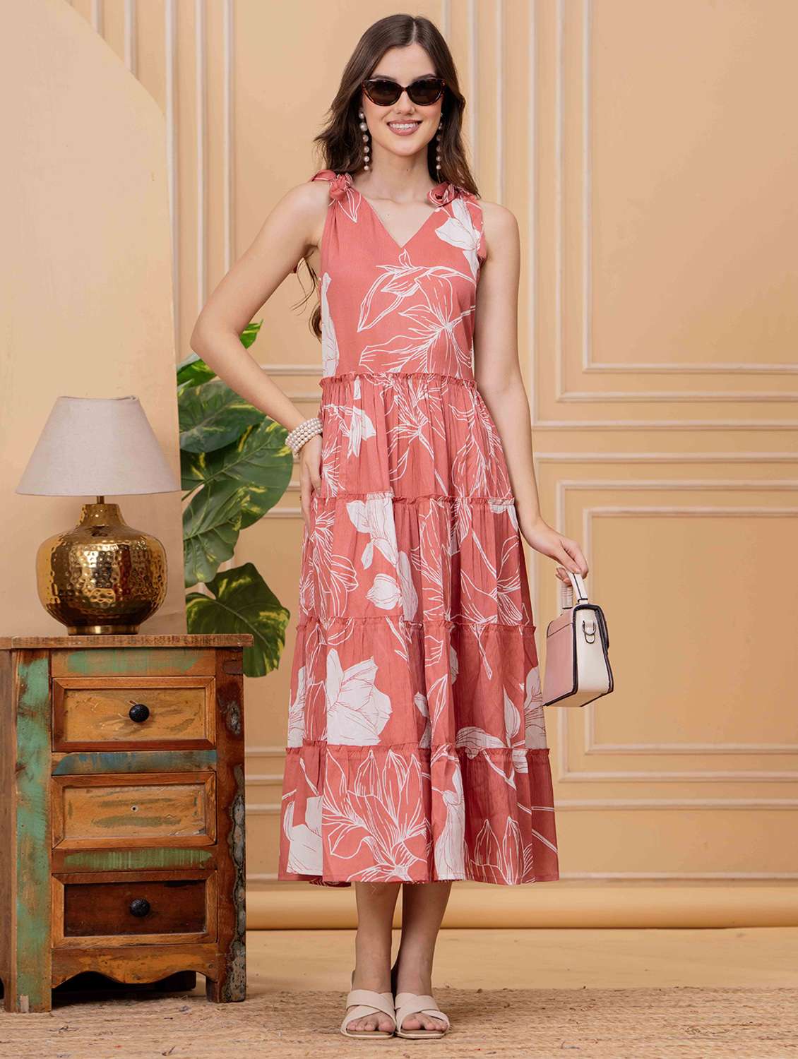 women floral printed shoulder strap tiered dress - 22146766 -  Zoom Image - 0