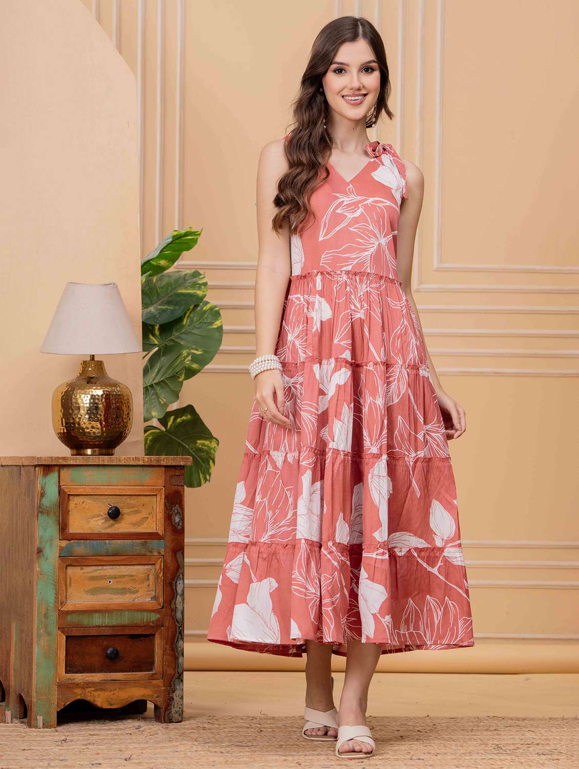women floral printed shoulder strap tiered dress - 22146766 -  Standard Image - 3