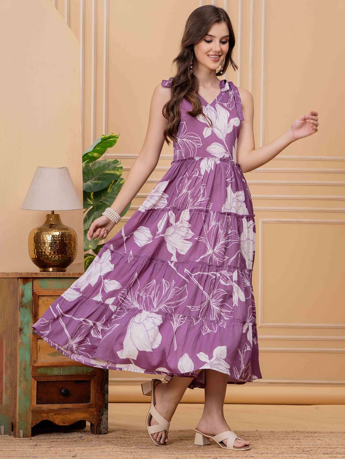 women floral printed shoulder strap tiered dress - 22146767 - Standard Image - 3