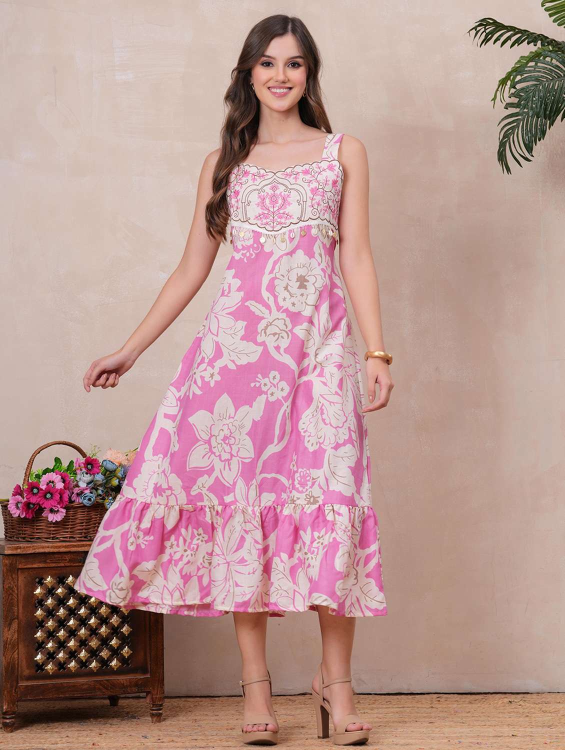 women floral sleeveless tiered ethnic dress