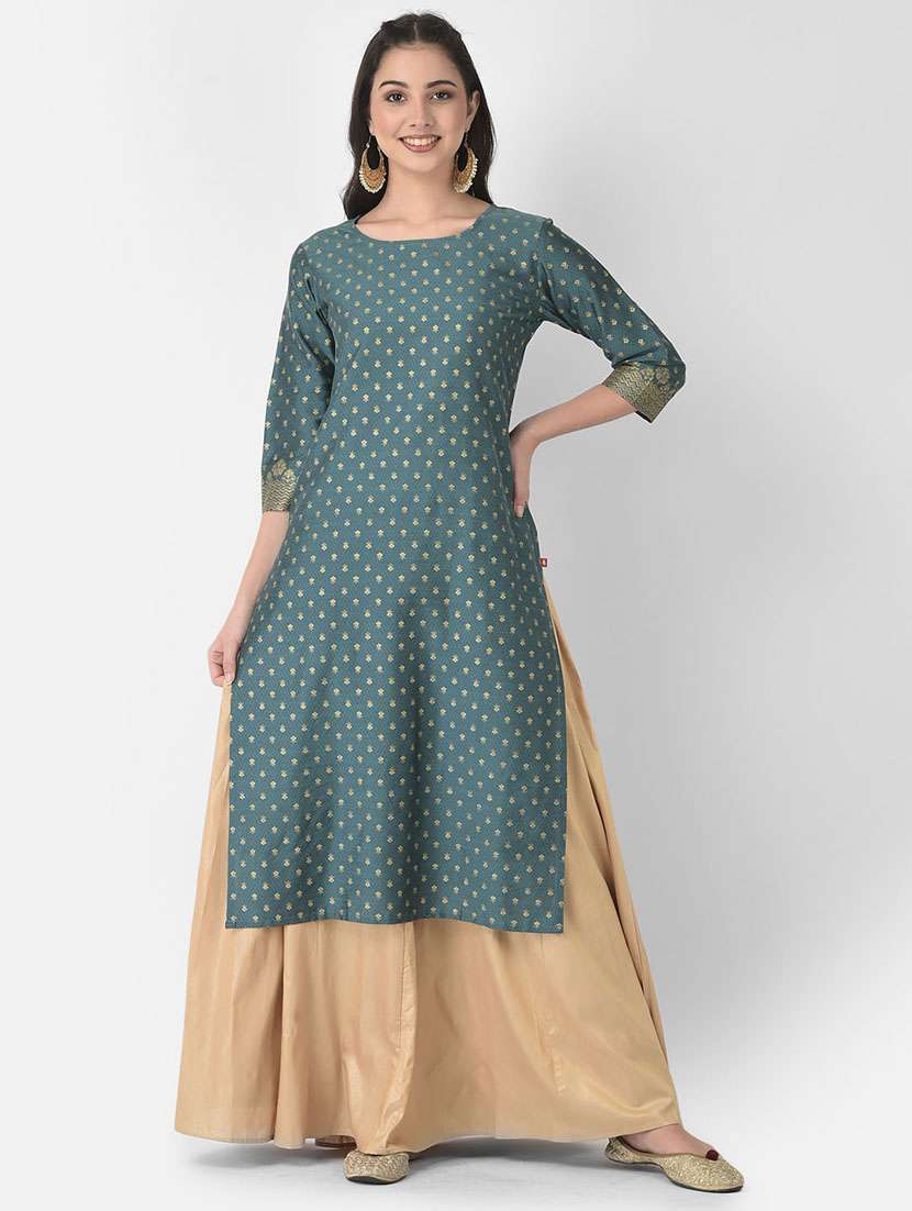 women foil print three quarter sleeve straight kurta