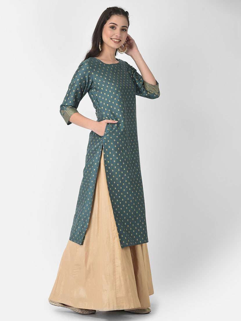 women foil print three quarter sleeve straight kurta - 22146773 -  Standard Image - 3