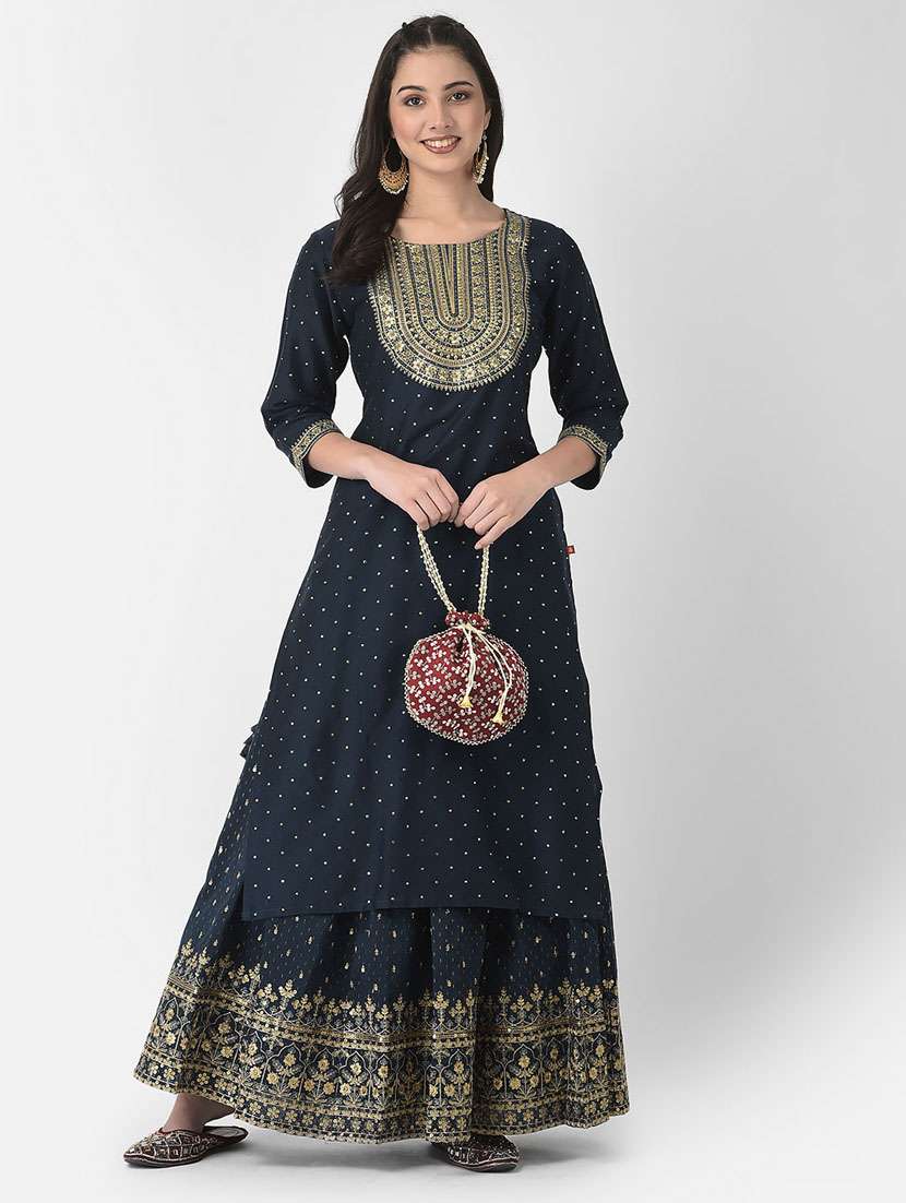 women embroidered three quarter sleeve straight kurta