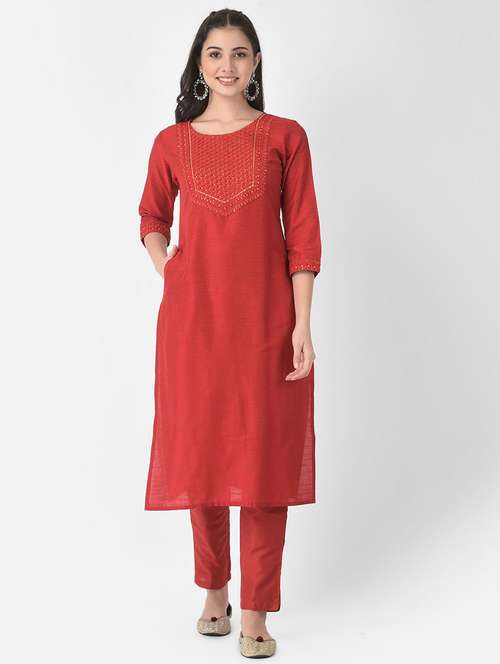 women embroidered three quarter sleeve straight kurta - 22146777 -  Standard Image - 0