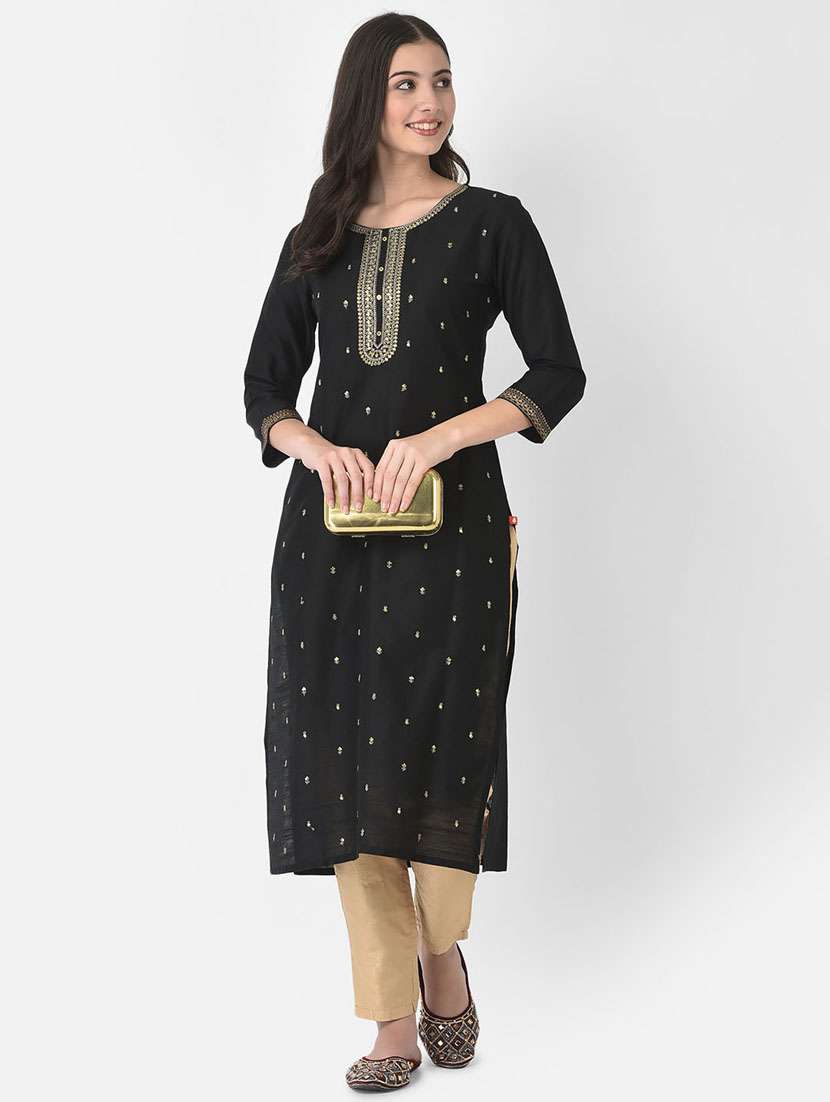 women embroidered three quarter sleeve straight kurta