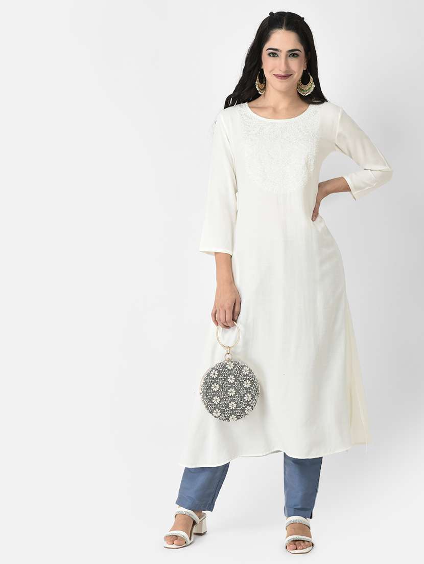 women embroidered three quarter sleeve a-line kurta