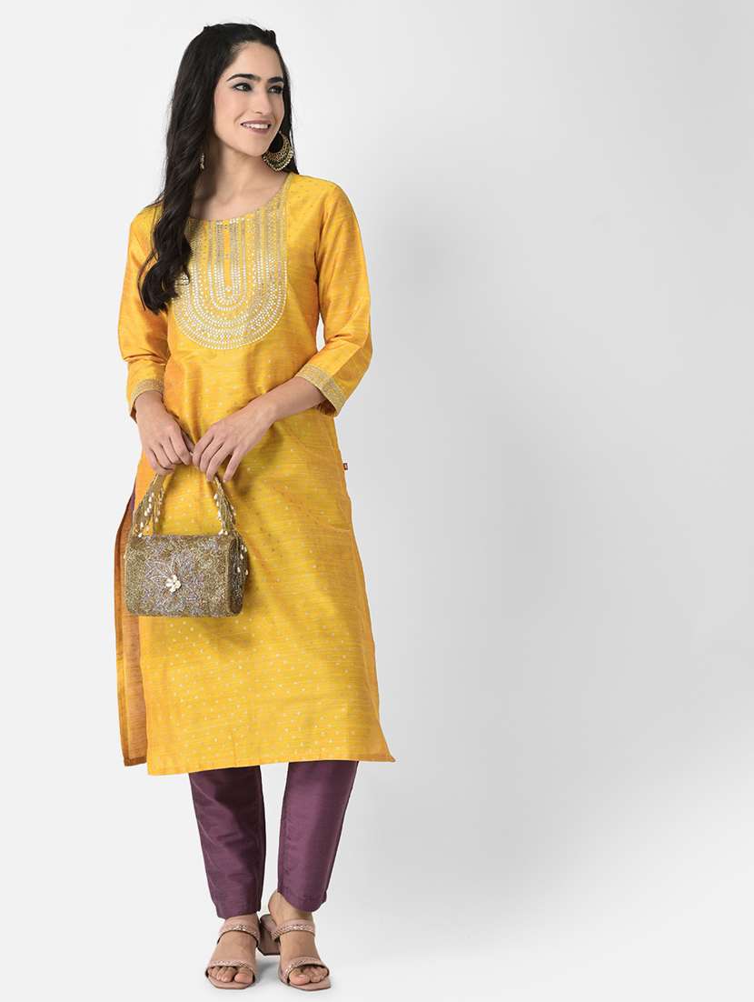 women embroidered three quarter sleeve straight kurta