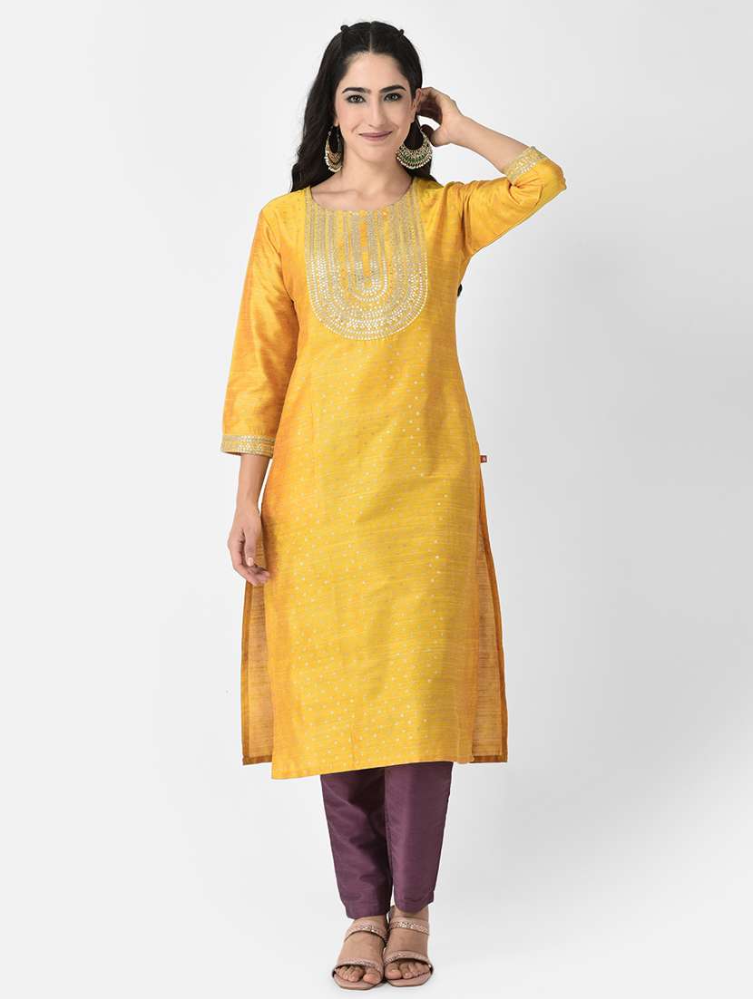 women embroidered three quarter sleeve straight kurta - 22146784 -  Standard Image - 3
