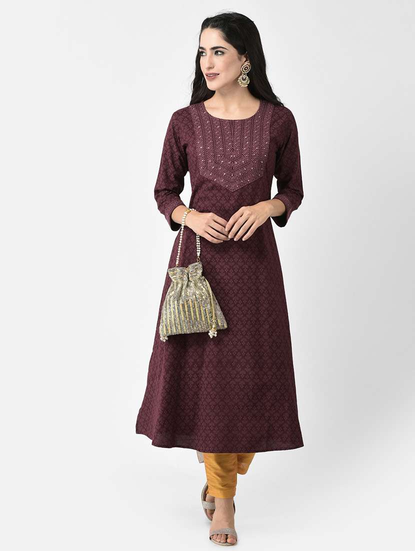 women embroidered three quarter sleeve a-line kurta