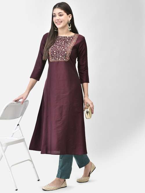 women embroidered three quarter sleeve a-line kurta - 22146797 -  Standard Image - 0