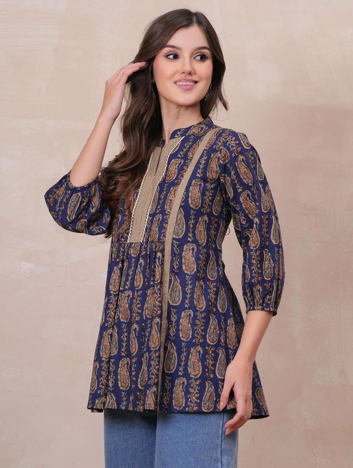 women paisley printed three quarter sleeve ethnic top