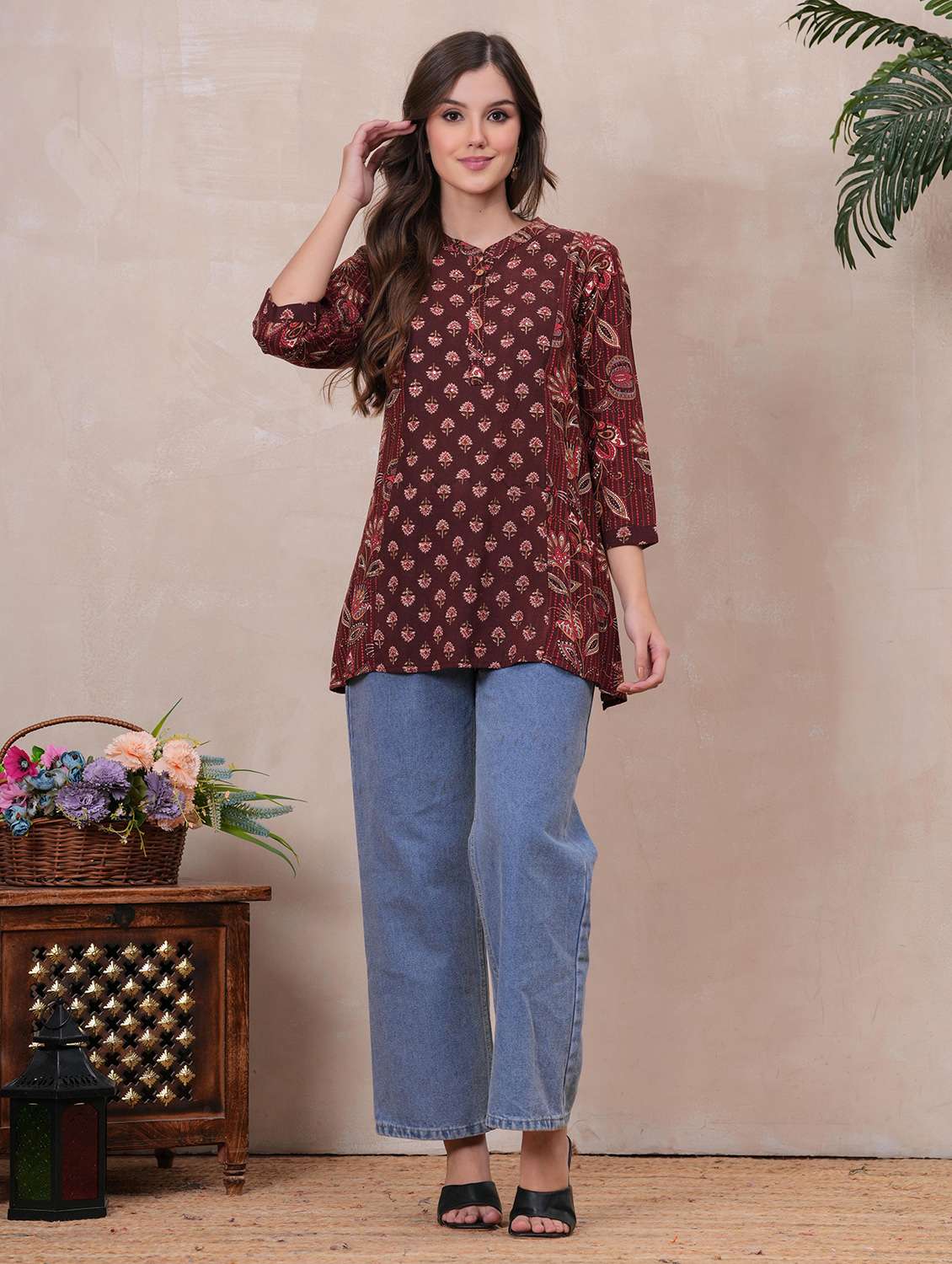 women floral printed three quarter sleeve ethnic top - 22146809 -  Standard Image - 3