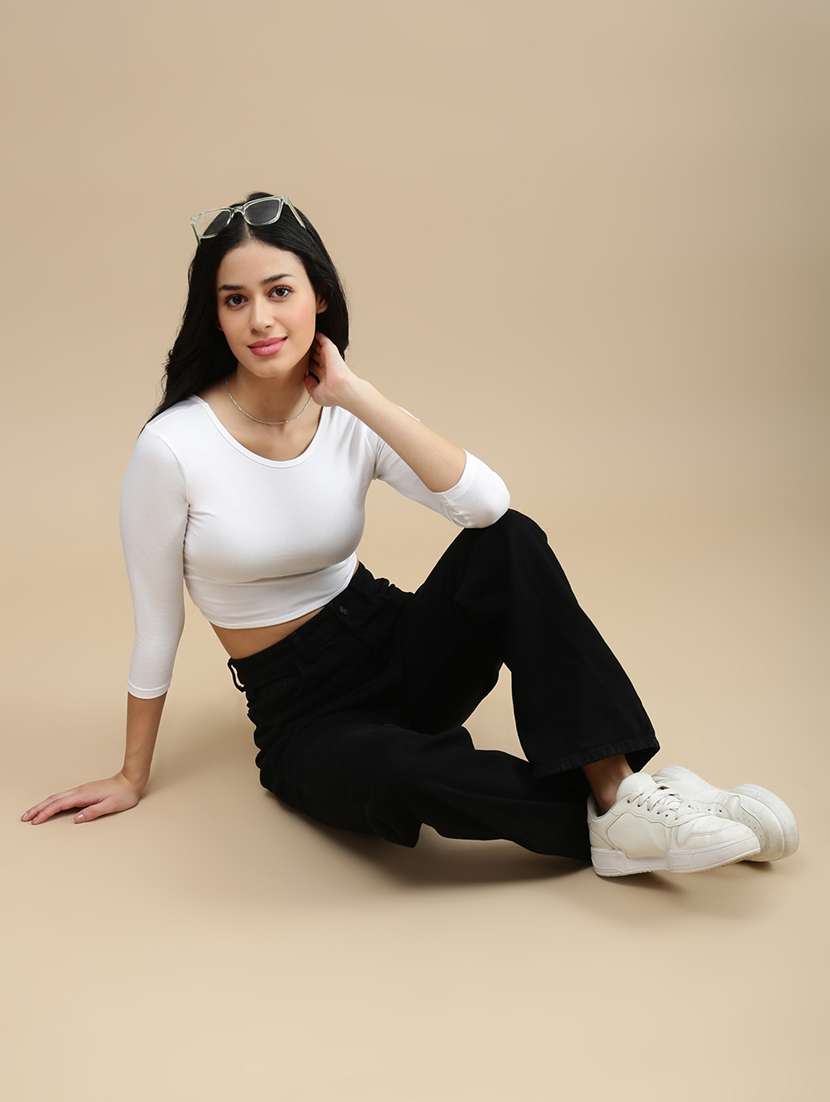 women solid three quarter sleeve crop top - 22146879 -  Standard Image - 3