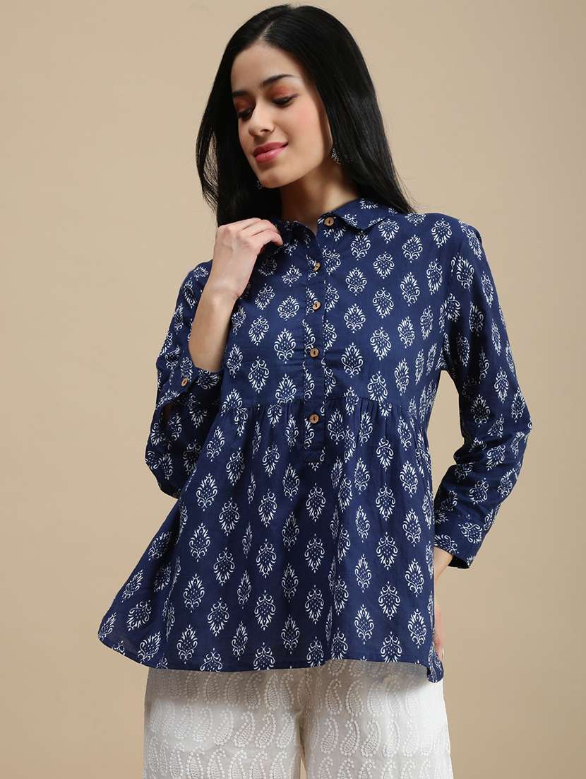 women solid puff sleeve a-line kurti