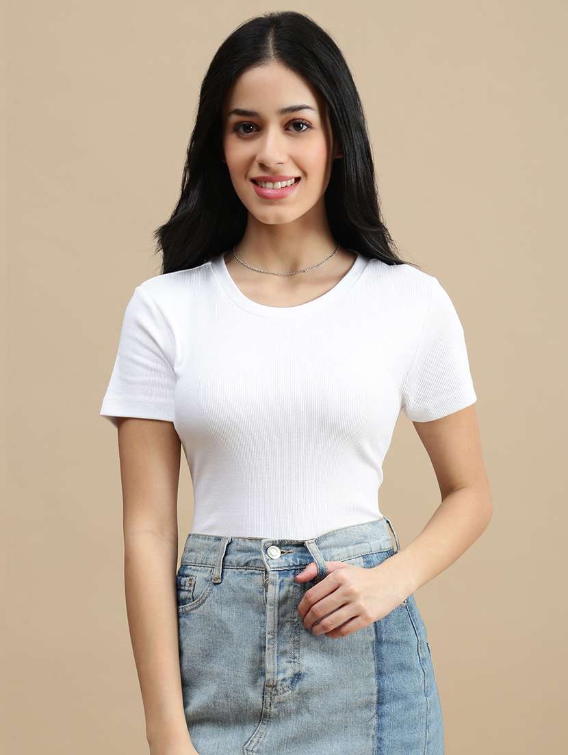 women solid short sleeve crop top