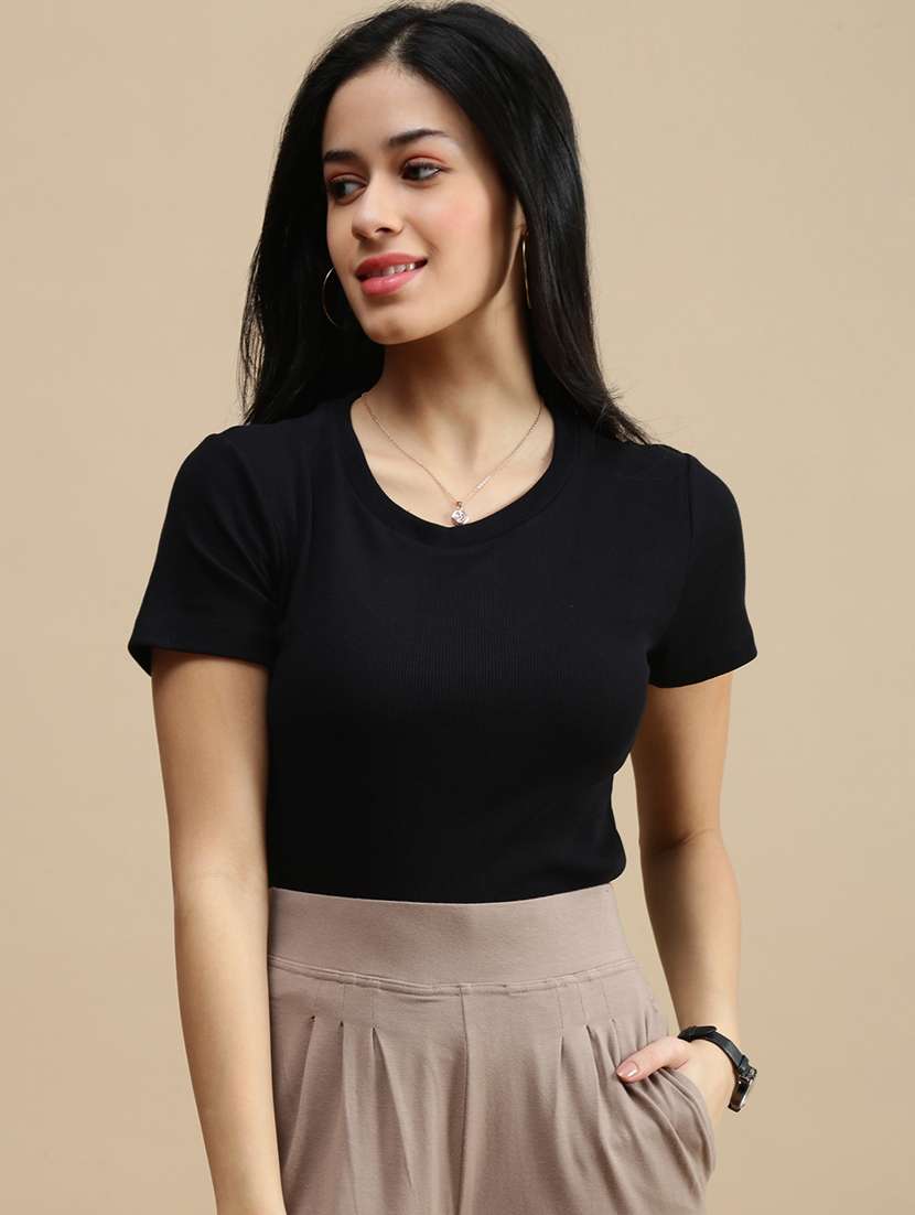 women solid short sleeve crop top