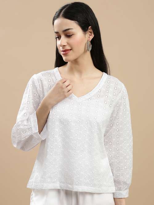 women solid schiffli puff sleeve regular top - 22146888 -  Standard Image - 0