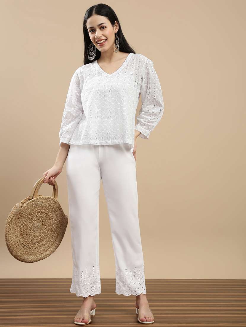 women solid schiffli puff sleeve regular top - 22146888 -  Standard Image - 3