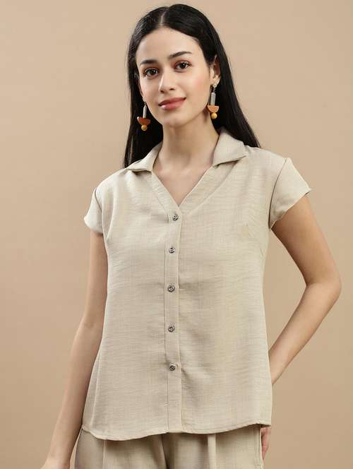 women solid collared short sleeve shirt - 22146904 -  Standard Image - 0