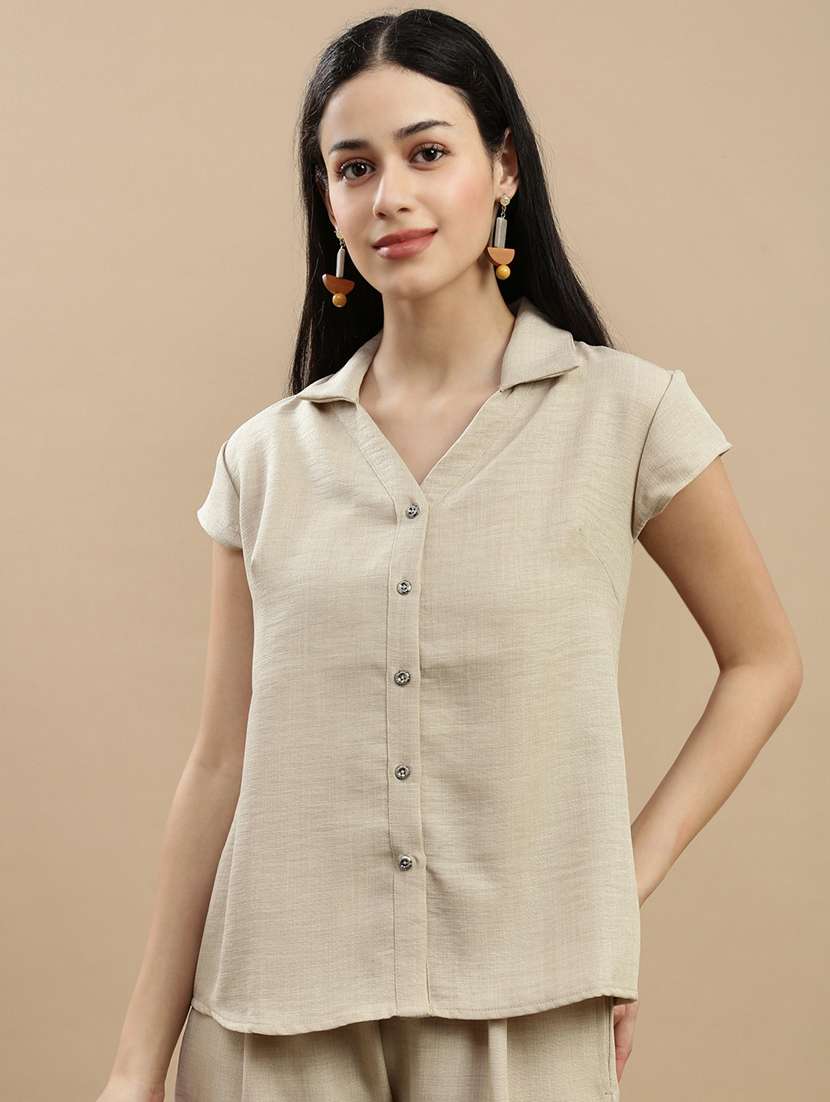 women solid collared short sleeve shirt - 22146904 -  Zoom Image - 0