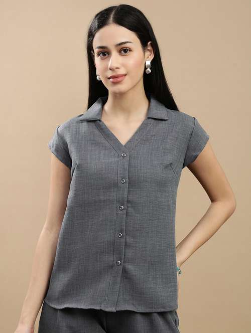 women solid collared short sleeve shirt - 22146906 -  Standard Image - 0