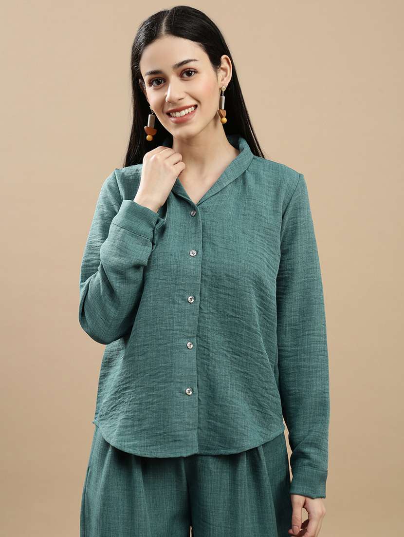 women solid collared long sleeve shirt