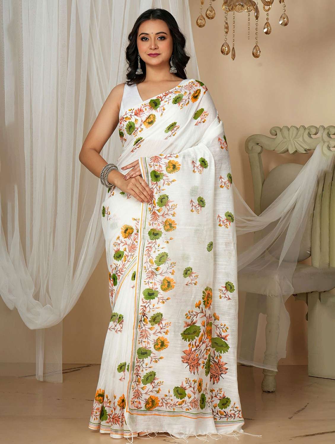 women floral printed saree with blouse