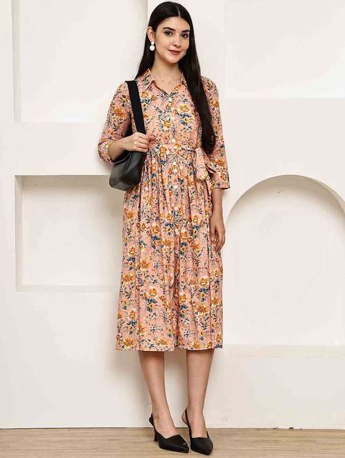 women printed three quarter sleeve a-line dress - 22146918 -  Standard Image - 0