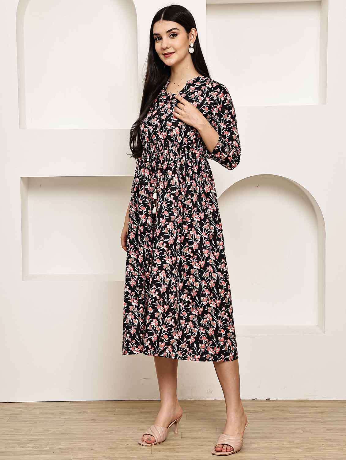 women printed three quarter sleeve a-line dress