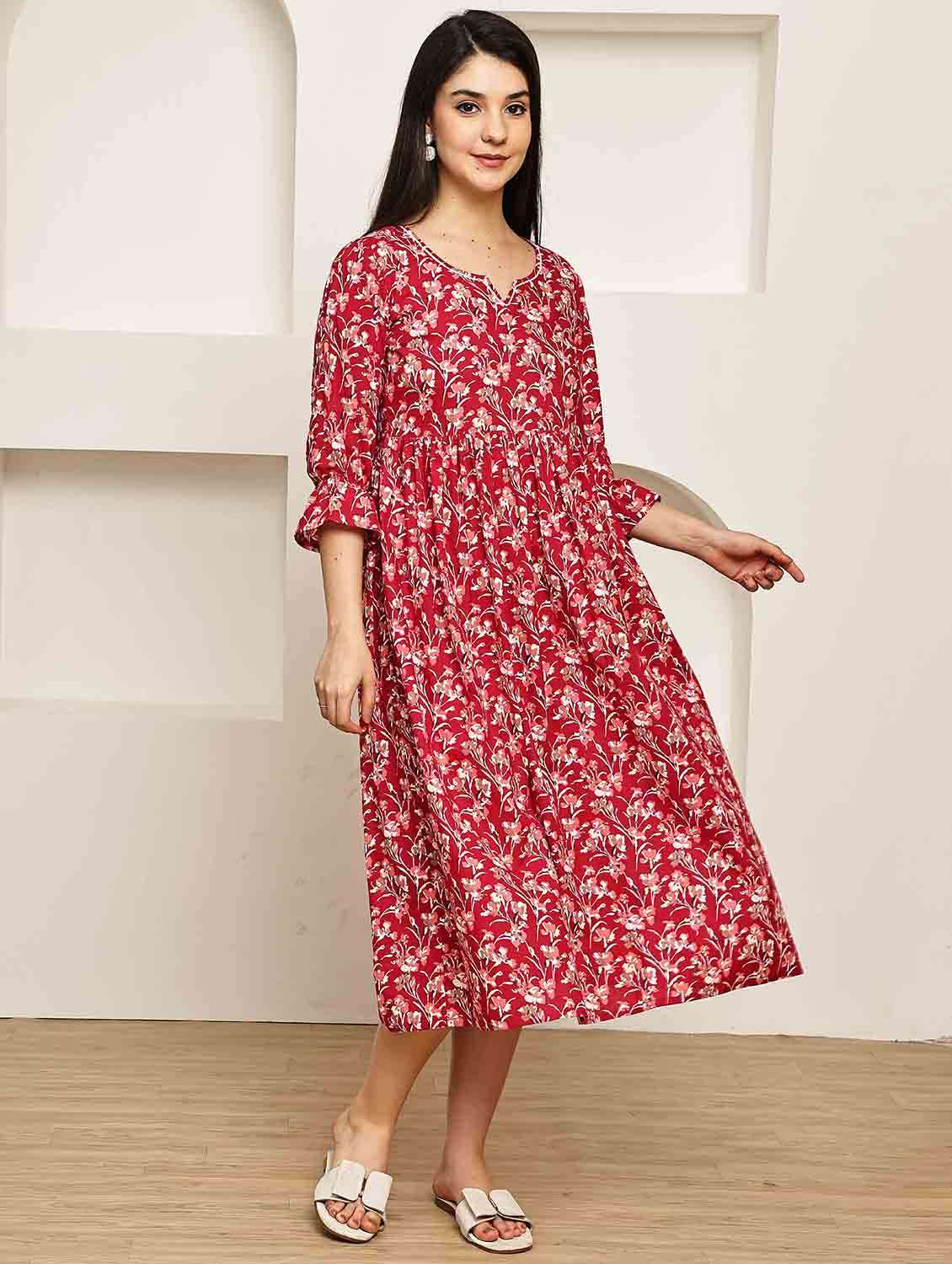 women printed three quarter sleeve a-line dress