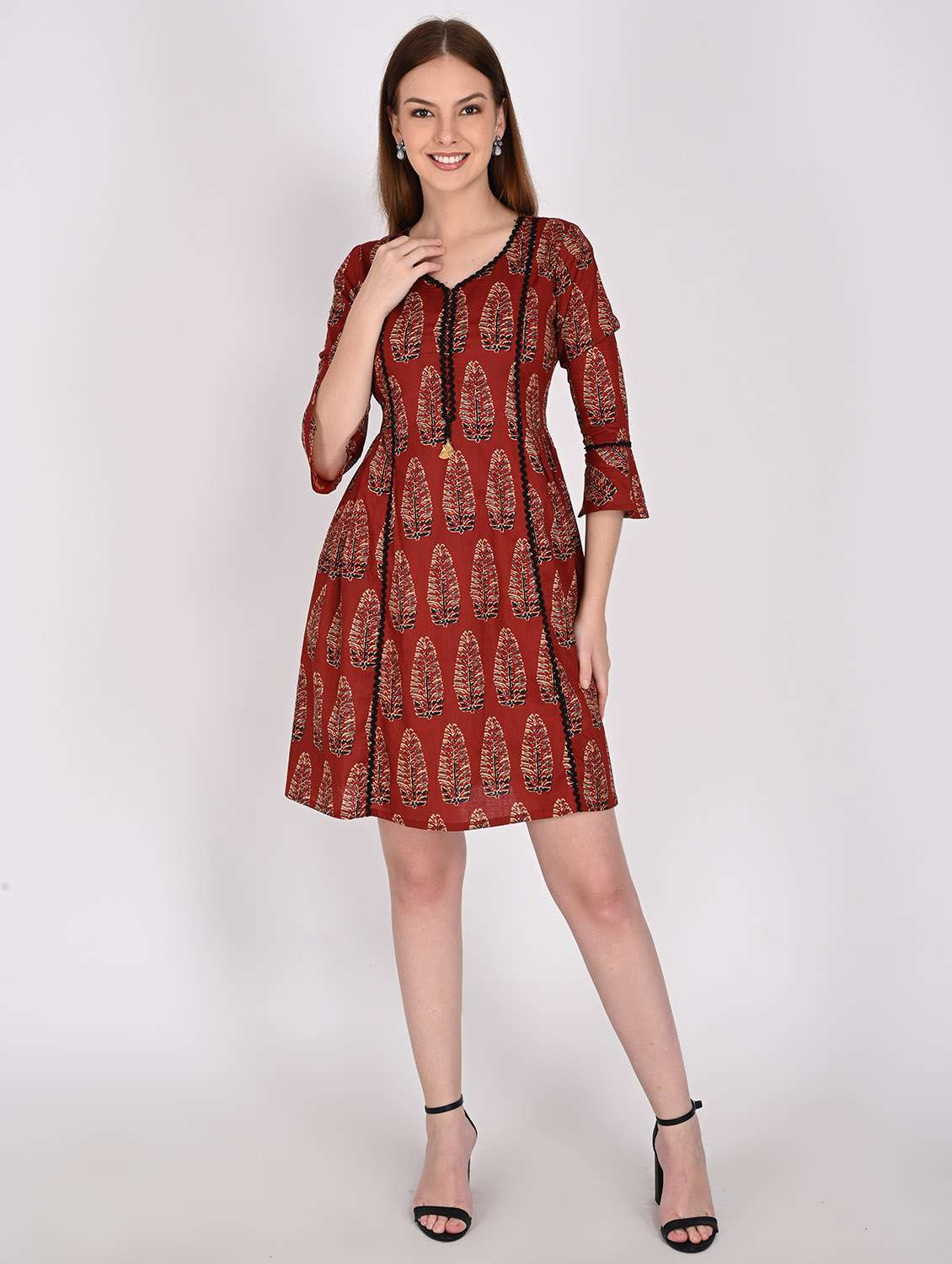 women printed bell sleeve a-line dress
