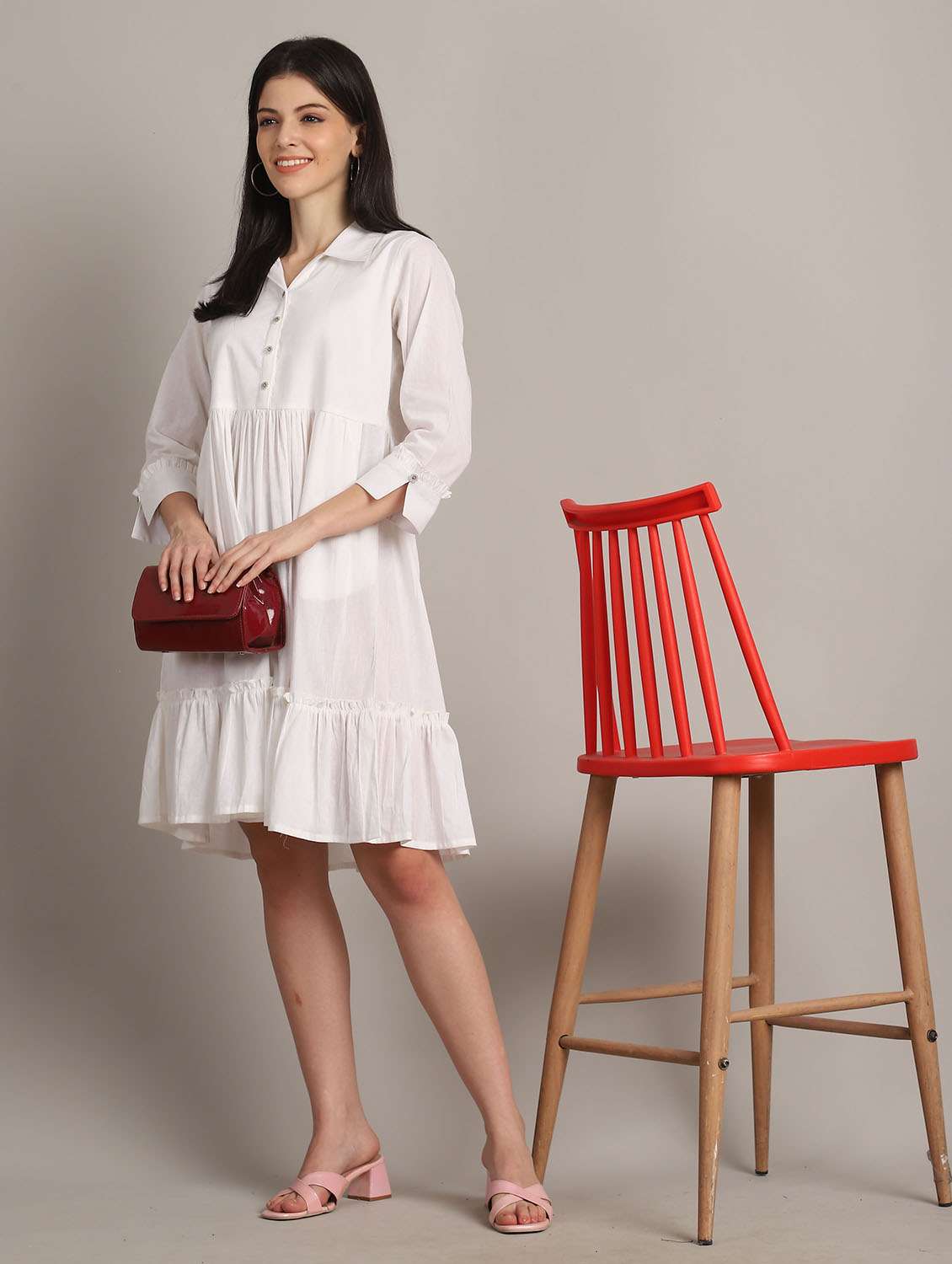 women solid three quarter sleeve dress