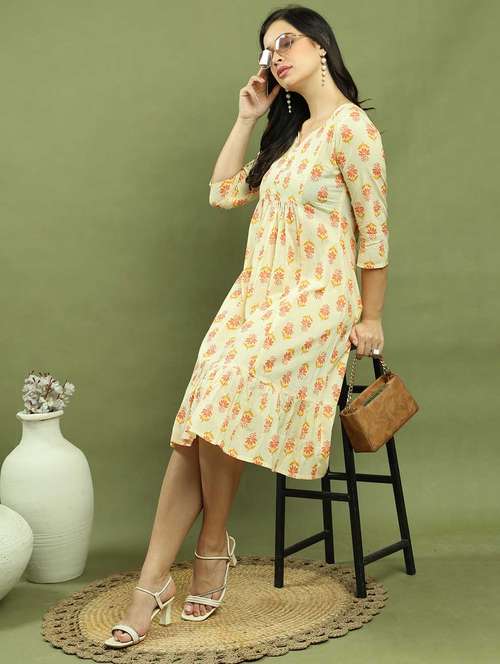 women printed three quarter sleeve tiered dress - 22146933 -  Standard Image - 0