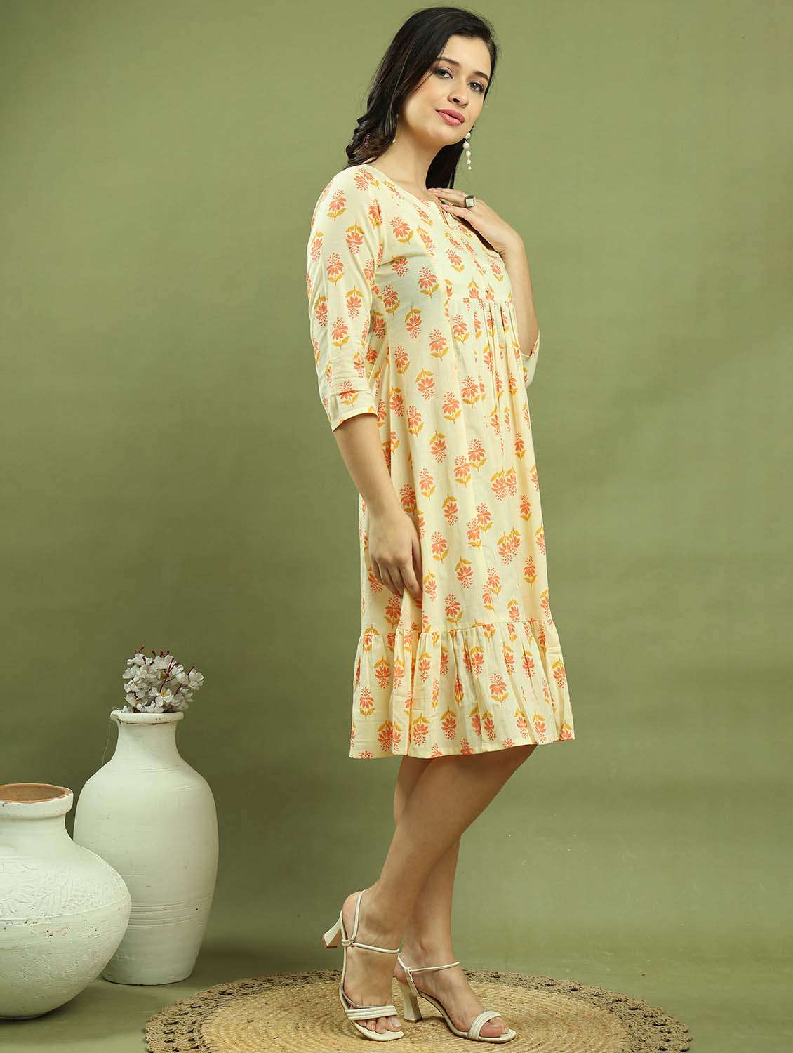 women printed three quarter sleeve tiered dress - 22146933 -  Standard Image - 3